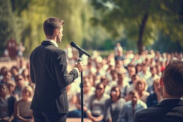 Rear view of a businessman speaking at a conference in the park