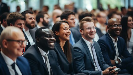 Fototapeta premium Group of smiling business people in conference hall. Selective focus.