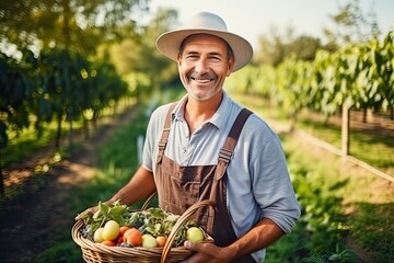 Portrait of a smiling senior farmer holding a basket full of freshly harvested tomatoes in the garden