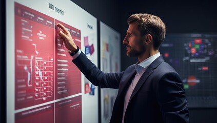 Businessman looking at interactive screen with infographics and charts in office