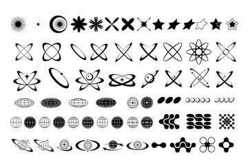 Set of abstract isolated retro futuristic geometric elements in y2k style. Collection with symbols and shapes for template, poster, web, landing page, stickers