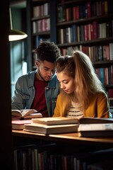 shot of a young man and woman looking at some books together in a coffee shop