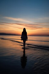 rearview shot of a young woman walking along the sea shore during sunset