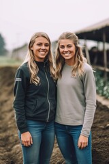 two young women smiling while standing side by side on a farm