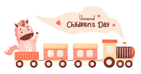 Children toy train with cute unicorn. Universal Childrens Day. Festive vector illustration. kids collection