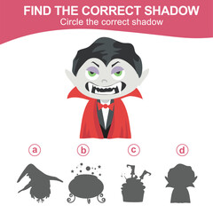 Find the correct shadow of the little dracula. Matching shadow game for children with Halloween theme. Worksheet for kid. Educational printable worksheet in vector file.