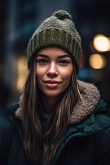 shot of a young woman in casual winter wear at an urban location