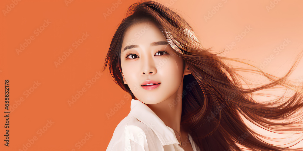 Wall mural creative portrait of asian pretty young woman isolated on flat background with copy space. banner te - Wall murals