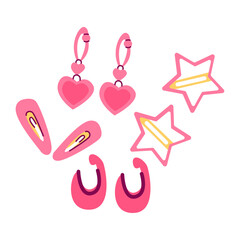 Vector illustration of pink hairpins and earrings.Barbie set of accessories, heart earrings,star hairpins.