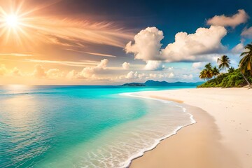 Nature landscape tropical beach with palm trees and crystal clear sea water with white clouds in background.