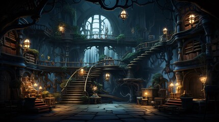Generative AI. Game landscape with a night castle