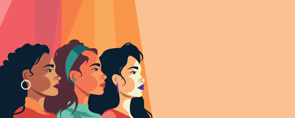 Vector illustration. Flat banner for International Women's Day. Beauty of women of different nationalities of skin color. Vector concept of movement for gender equality and empowerment of women