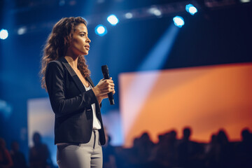 Arab Business Woman on stage at conference holding a presentation of a new product, Speaker having a lecture about, engineering, sustainability, automation.	