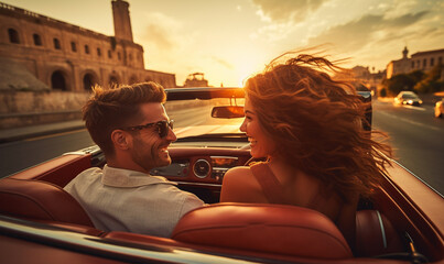 Happy smiling couple man and woman traveling in car convertible the Italy on a summer day at sunset - obrazy, fototapety, plakaty