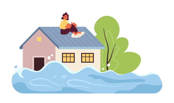 Woman sitting on roof flat concept vector spot illustration. Flooded house. Natural disaster. Scared woman 2D cartoon character on white for web UI design. Isolated editable creative hero image