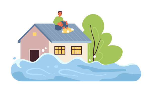 Scared man on house roof flat concept vector spot illustration. Flooded house. Rescue from water. Man waiting 2D cartoon character on white for web UI design. Isolated editable creative hero image