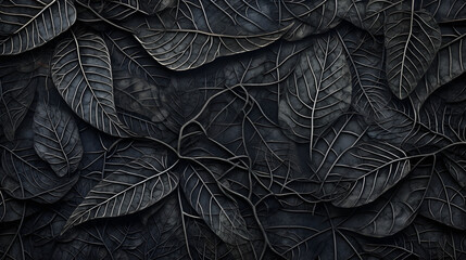 macro shot detail of black leaves texture, veins on the leaf surface