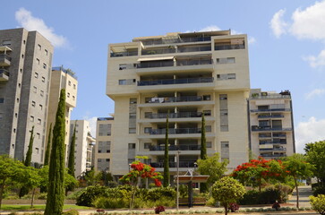 Fototapeta premium Residential area, flowering trees, beautiful street. Modern houses in Israel. Buying real estate, renting housing.