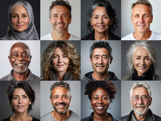 Fototapeta premium Collage of ethnically different happy people modern portraits, Success, smiling and happiness multicultural faces looking at camera, Human resource society database concept, globalization..
