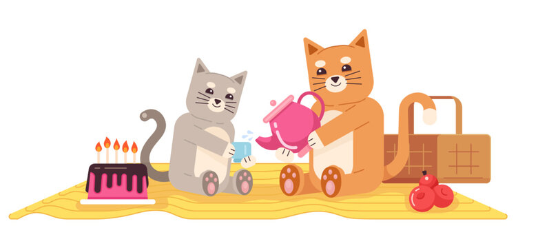 Cats on picnic flat concept vector spot illustration. Drinking tea. Celebrating birthday. Pets on blanket 2D cartoon characters on white for web UI design. Isolated editable creative hero image