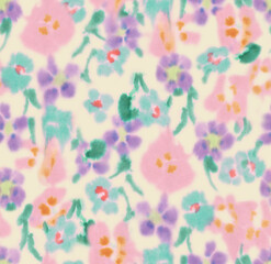 Seamless blur pattern with flowers. Fuzzy floral seamless repeat pattern. Color blurred abstract flowers in trendy style. 