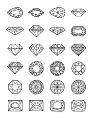 Set of Doodle hand drawn gems and jewelry elements, black and white line sketch. Isolated elements - Diamonds, brilliants, crystals and gems on white background, vector illustration