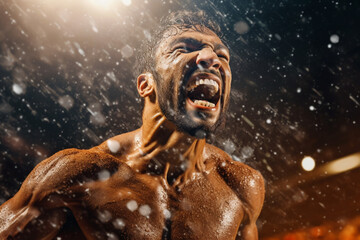Portrait of champion athlete on stadium , emotions of a winner, joy, delight, emotional, rain, splash drops