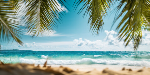 Fototapeta na wymiar Tropical beach panorama view, coastline with palms, Caribbean sea in sunny day, summer time, turquoise sea or ocean under sky with white clouds. Background of summer beach