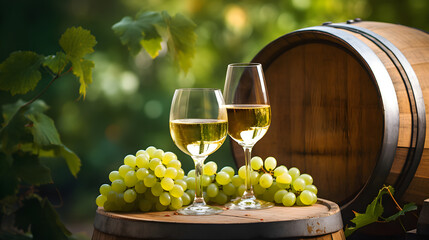 The glass of white wine with grape and old wooden barrel on rural nature background