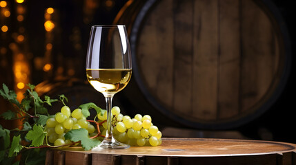 Fototapeta na wymiar The glass of white wine with grape and old wooden barrel on rural background