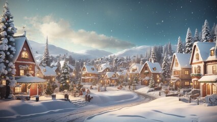 Christmas village with Snow in vintage style Winter vacation