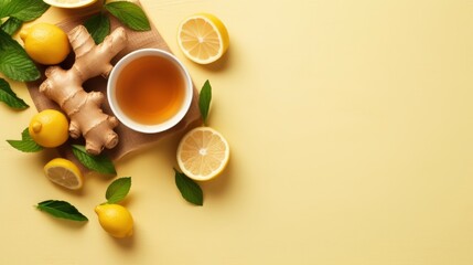Fototapeta na wymiar An herbal tea with ginger.Cup of ginger tea with lemon, honey and mint on beige background. Concept alternative medicine, natural homemade remedy for cold and flu. Top view. Free space for your text