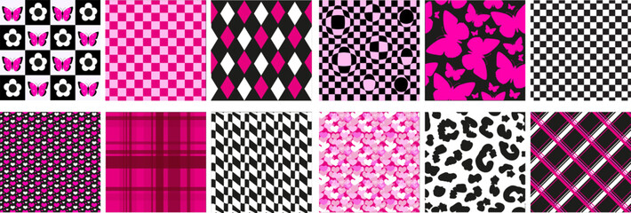 Y2k glamour emo pink seamless patterns set. 2000s aesthetic. Retro psychedelic texture with Butterfly, heart, chessboard.Vector illustration - obrazy, fototapety, plakaty