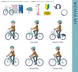 Fototapeta premium 色々な自転車に乗るブレザー男子学生のセット