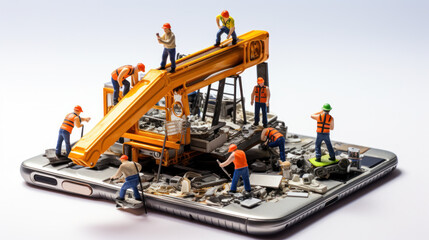 Phone repair service. Disassembled smartphone. Case and electronic parts or components on scheme of abstract mobile phone. CPU, motherboard of smartphone. Non-assembled cellphone. Isometric concept.