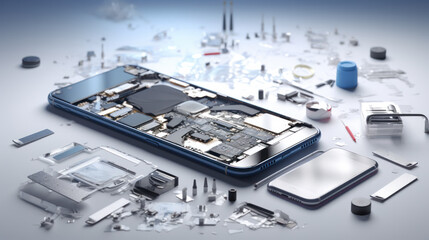 Phone repair service. Disassembled smartphone. Case and electronic parts or components on scheme of abstract mobile phone. CPU, motherboard of smartphone. Non-assembled cellphone. Isometric concept. - obrazy, fototapety, plakaty