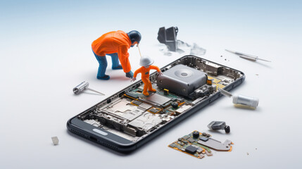 Phone repair service. Disassembled smartphone. Case and electronic parts or components on scheme of abstract mobile phone. CPU, motherboard of smartphone. Non-assembled cellphone. Isometric concept.