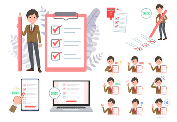 チェックマークをつけるブレザー男子学生のセット