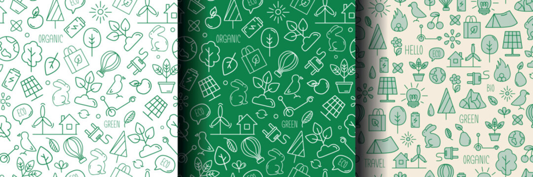 Environmental protection concept. Ecology. Linear icons style illustration seamless border doodle drawing. A set of patterns on a green and white background.