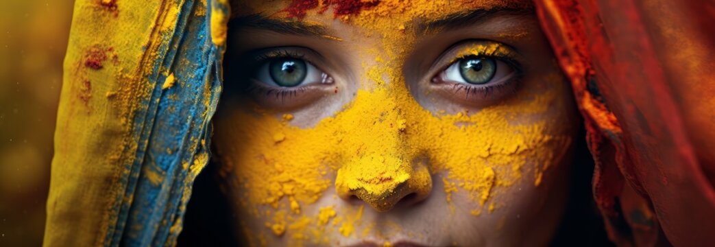 Close up eyes with a painted face, holi fest.