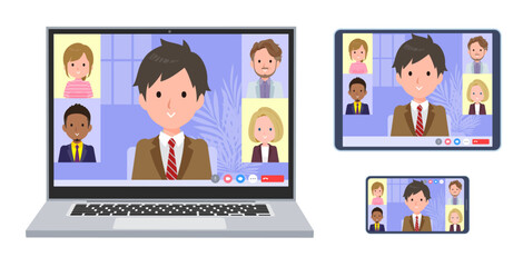 オンラインミーティングをしているブレザー男子学生のセット