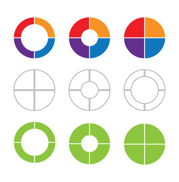Vector set of four parts of a circle. Pie chart with four same size sectors on a white background.