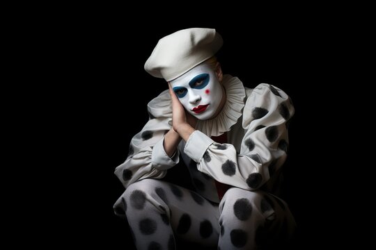 Actor in Pierrot Costume on Stage with Sad Expression