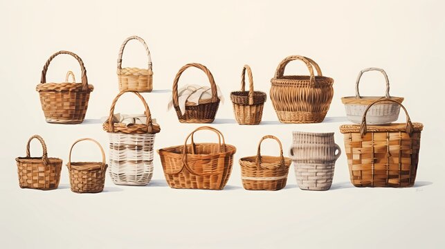 Wicker baskets, grocery wood Picnic baskets for lunch or dinner.Character Design Concept Art Book Illustration Video Game Digital Painting. CG Artwork Background. Generative AI.

