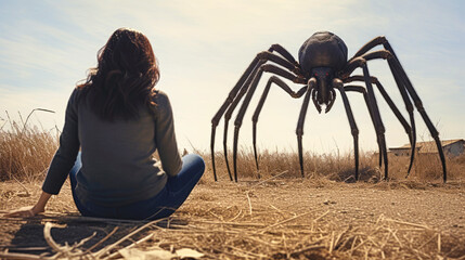 A young woman experiences a chilling nightmare as a monstrous black spider attacks her in the midst of a field. She sits on the ground, paralyzed by terror. Concept of arachnophobia in surreal scene - obrazy, fototapety, plakaty