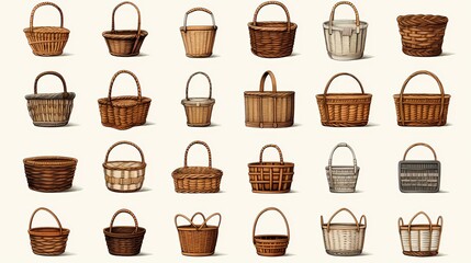 Wicker baskets, grocery wood Picnic baskets for lunch or dinner.Character Design Concept Art Book Illustration Video Game Digital Painting. CG Artwork Background. Generative AI.

