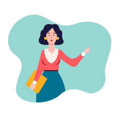 Female school teacher holding a file folder and pointing a finger flat style vector illustration, Lady school teacher wearing a red top and blue bottom flat style stock vector image