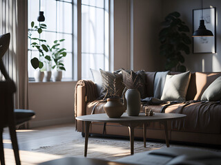 Modern living room with furniture, sofa, plant, window