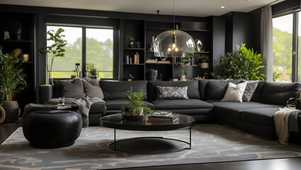 Black modern living room with furniture, sofa, plant, window