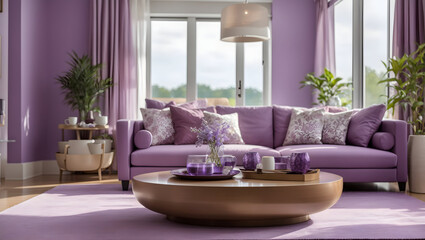 Violet modern living room with furniture, sofa, plant, window